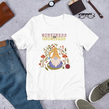 Load image into Gallery viewer, Wonkiness is Gnominess Purple Gnome with Yellow Chevron Hat Unisex T-shirt