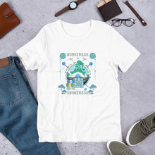 Load image into Gallery viewer, Wonkiness is Gnominess Blue Gnome with Green Hat T-shirt