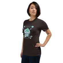 Load image into Gallery viewer, Wonkiness is Gnominess Blue Gnome with Green Hat T-shirt

