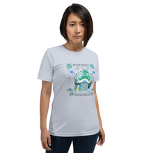 Load image into Gallery viewer, Wonkiness is Gnominess Blue Gnome with Green Hat T-shirt
