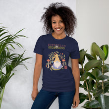 Load image into Gallery viewer, Wonkiness is Gnominess Purple Gnome with Yellow Chevron Hat Unisex T-shirt
