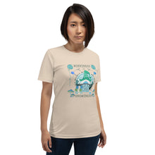 Load image into Gallery viewer, Wonkiness is Gnominess Blue Gnome with Green Hat T-shirt
